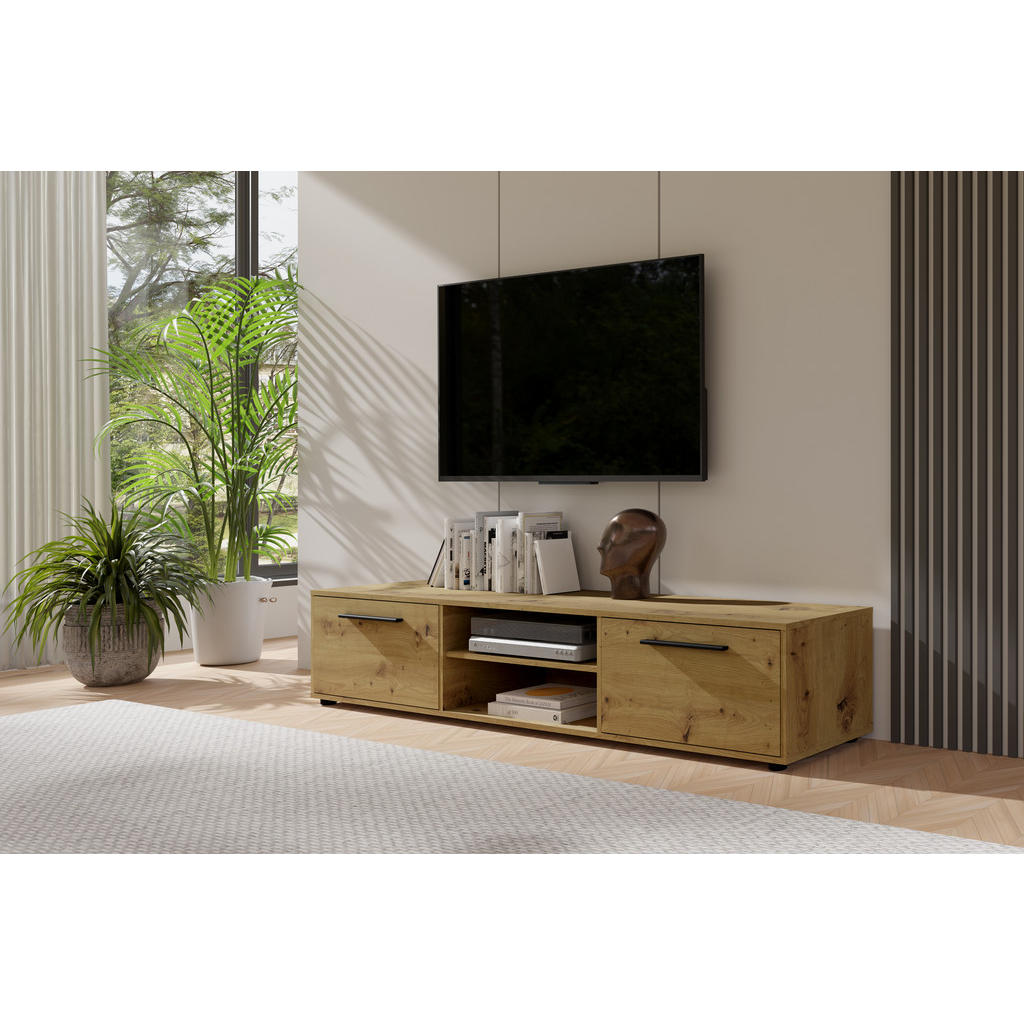 Thumbnail - Ravio Tv-Schrank, Eiche Artisan, Holzwerkstoff, 4 Fächer, 190x38x40 cm, Wohnzimmer, Wohnwände, Lowboards, Lowboards steh...