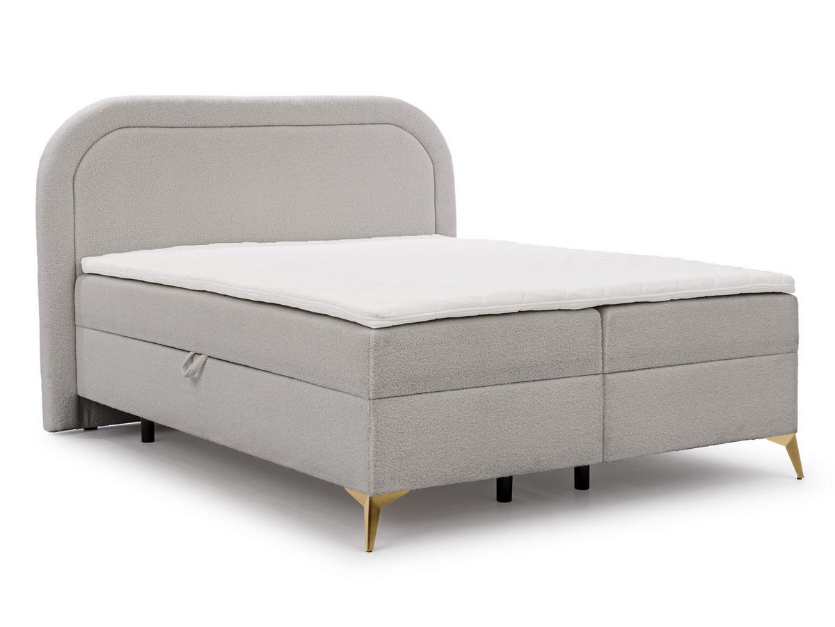 BOXBETT Sonna 140/200 cm Hellgrau Bouclé-Stoff mit abgerundetem Kopfteil und mit goldenen Metallfüßen - Goldfarben/Hellgrau, Holz/Textil (140/200cm) - S-Style Möbel