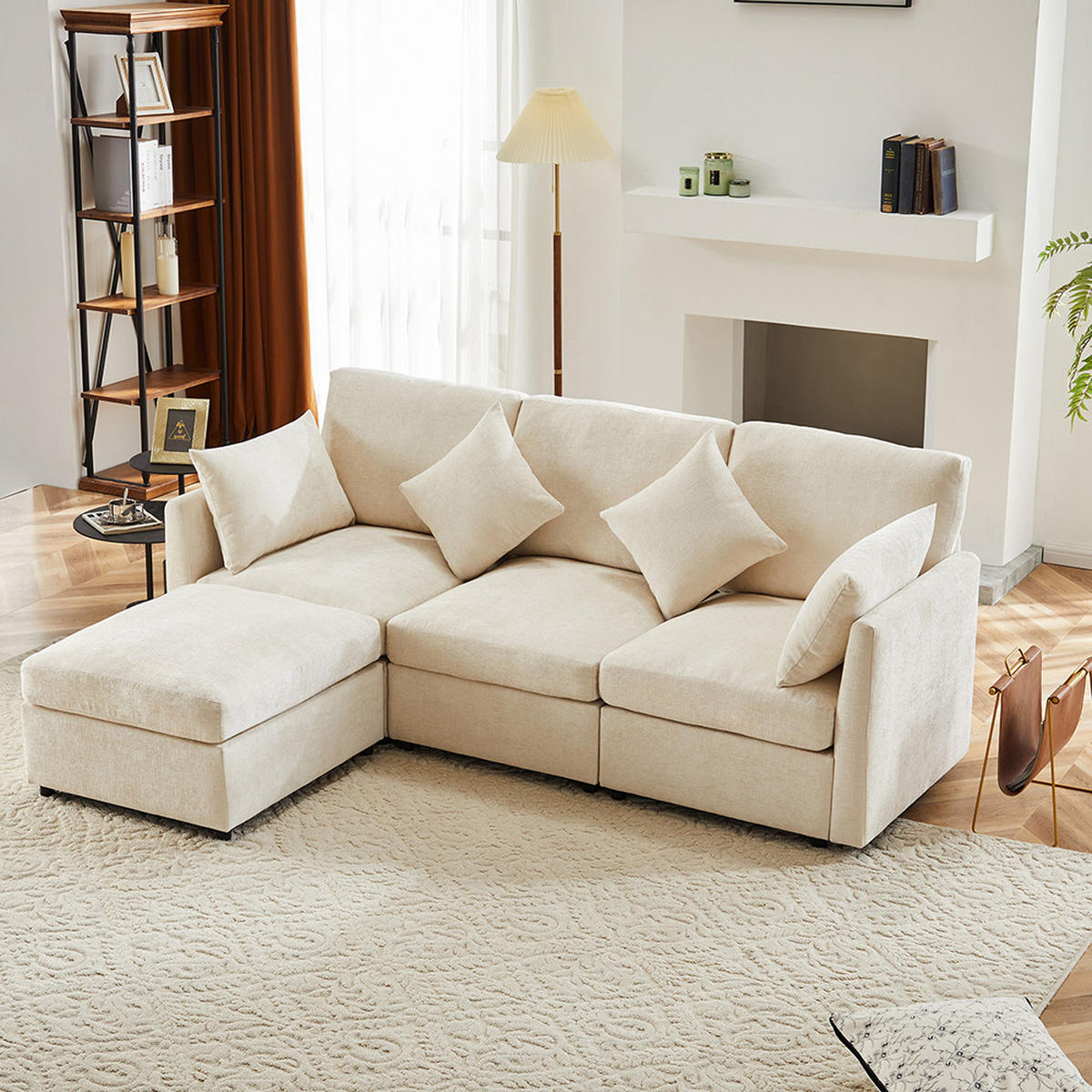 ECKSOFA in Beige Chenille-Stoff， L-förmiges - Beige, Kunststoff/Textil (161/216cm) - KOMHTOM