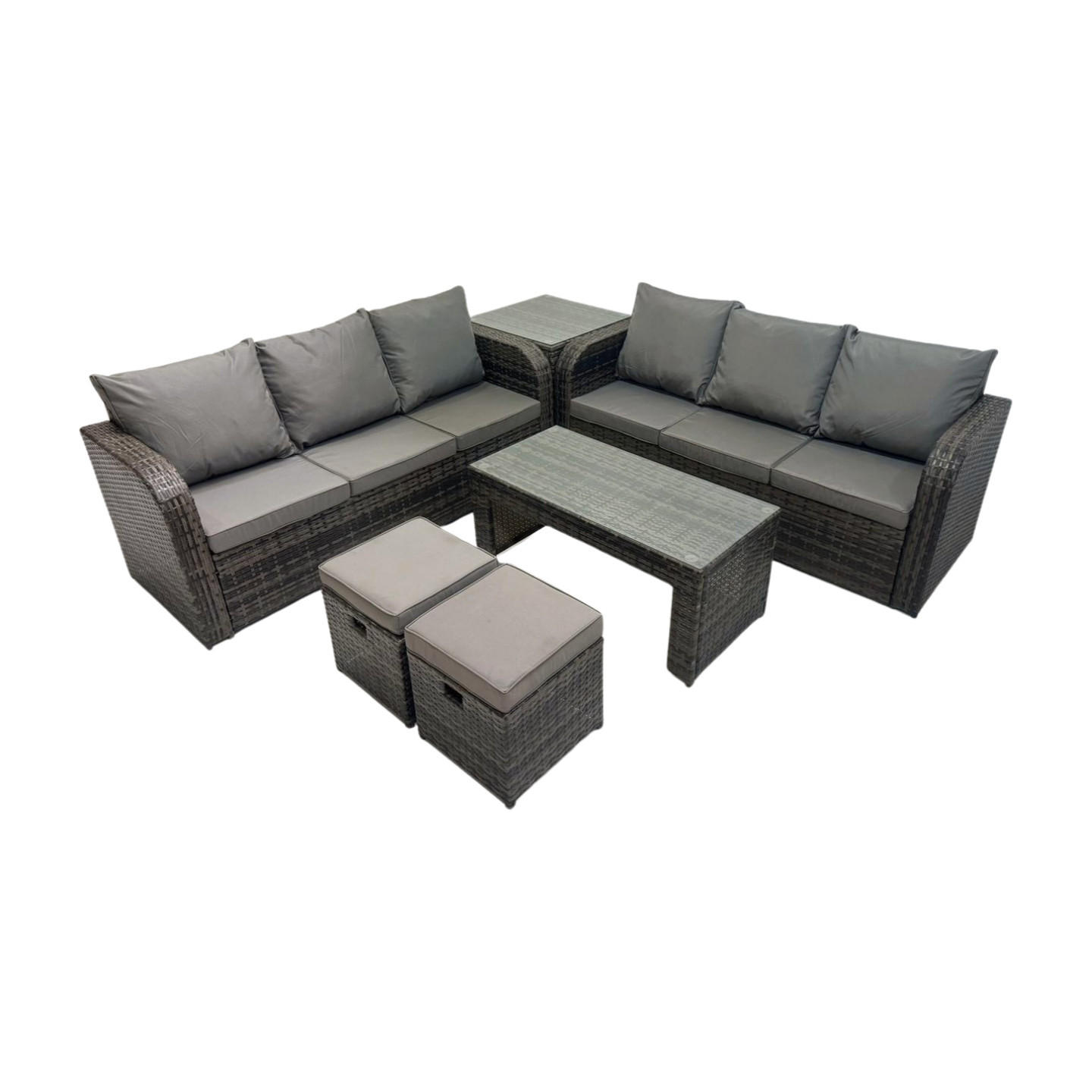 GARTENSOFA SET mit COUCHTISCH Polyrattan 8-Sitzer - Dunkelgrau/Grau, Glas/Kunststoff - Fimous