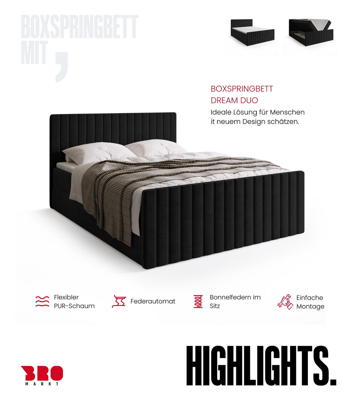 BOXSPRINGBETT Dream Duo mit Topper 140/200 Schwarz - Schwarz, Kunststoff (140/200cm) - Bromarkt