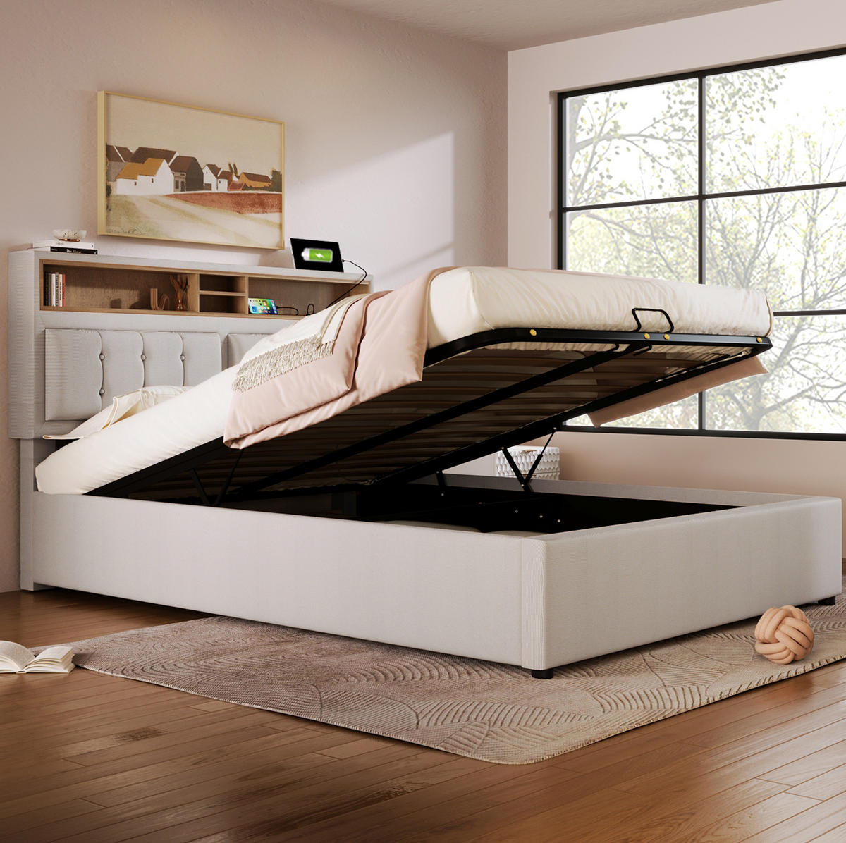 BETT mit Stauraum & USB/Type-C 140x200 cm Leinen Beige - Beige, Metall (140/200cm) - Meubliv