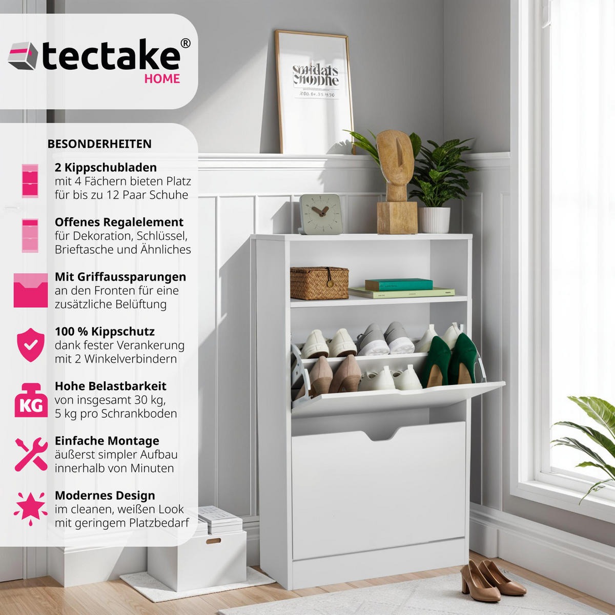SCHUHSCHRANK Calea,60 x 24 x 102 cm,weiß - Weiß, Holzwerkstoff (60/102/24cm) - tectake