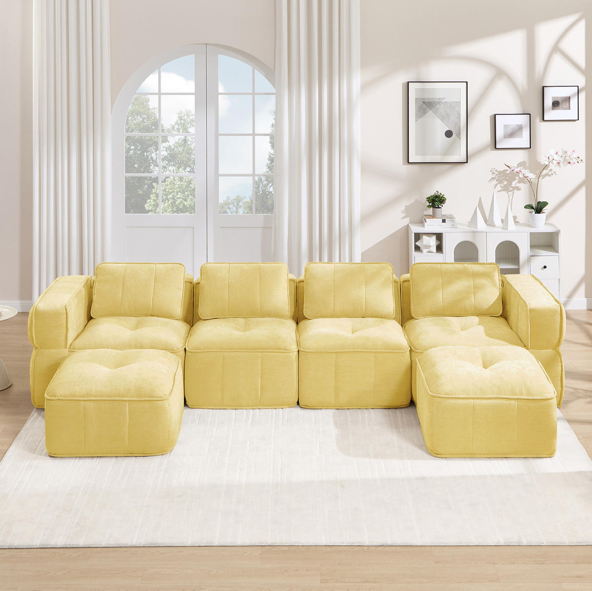 WOHNLANDSCHAFT 344/162/67 cm in Gelb aus Polyester mit Hocker und rutschfester Basis - Gelb, Kunststoff (162/67/344cm) - Flora Grace