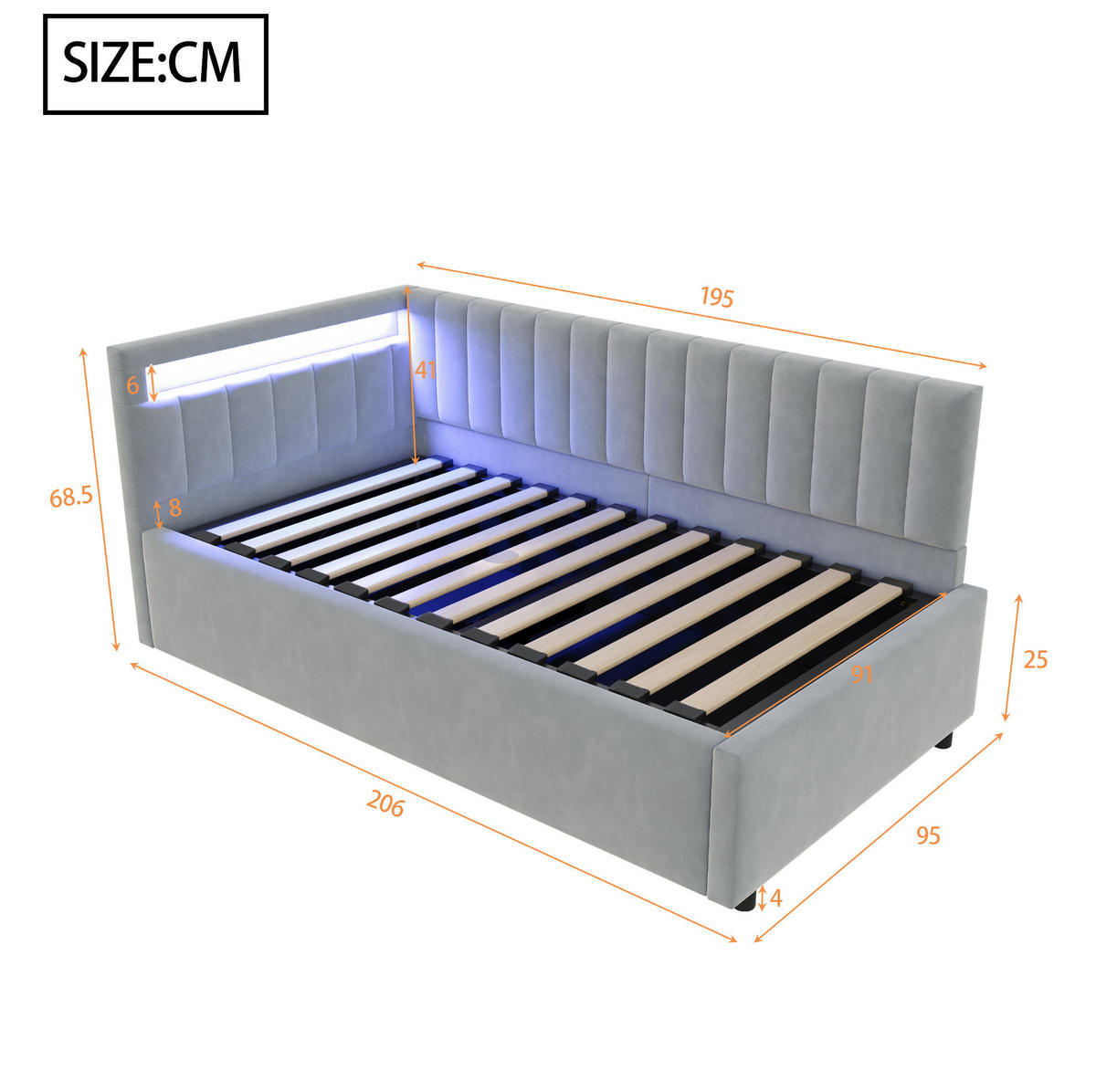 POLSTERBETT Schlafsofa 90/200 cm Grau aus Samt mit LED und Stauraum - Hellgrau, Textil (90/200cm) - OKMYHOME