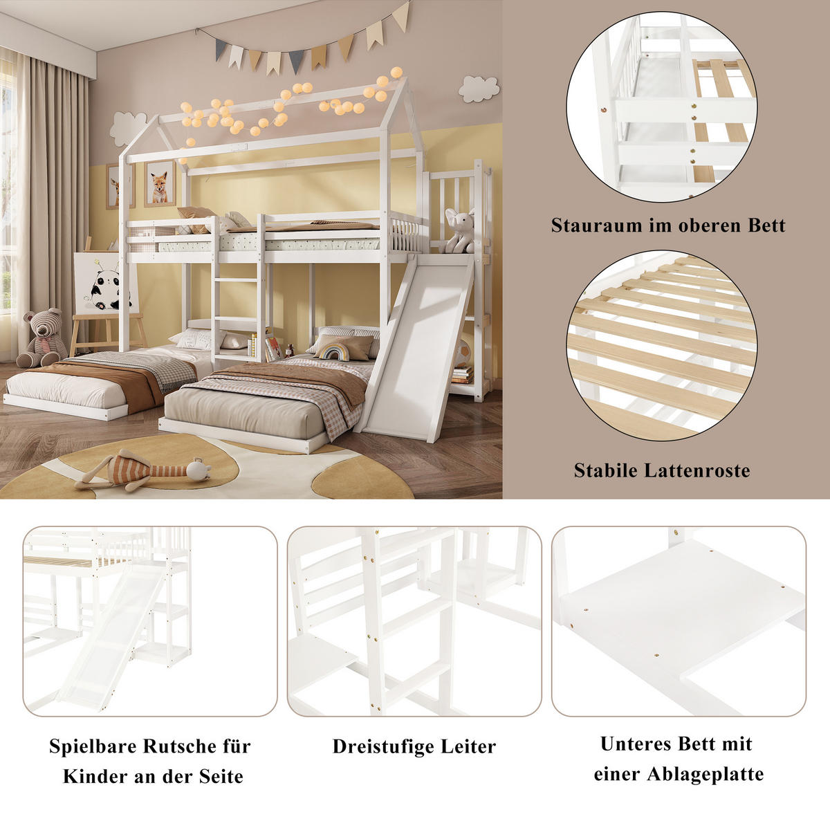 ETAGENBETT 90x200 cm 3 Ebenen Rutsche Dach - Weiß, Holz (90/200cm) - LEBENLANG