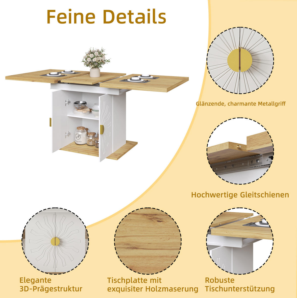ESSTISCH aus MDF 110(140)x70x76 cm Weiß mit Ausziehfunktion und 2 Ablageböden - Weiß, Holzwerkstoff (110/70/76.5cm) - Modfu