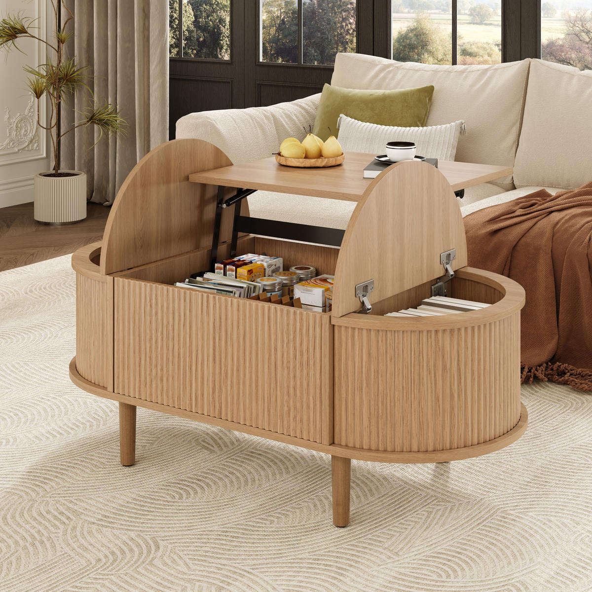 COUCHTISCH oval höhenverstellbar Stauraum Holz - Eichefarben, Holz (48/100/53.5cm) - LEBENLANG