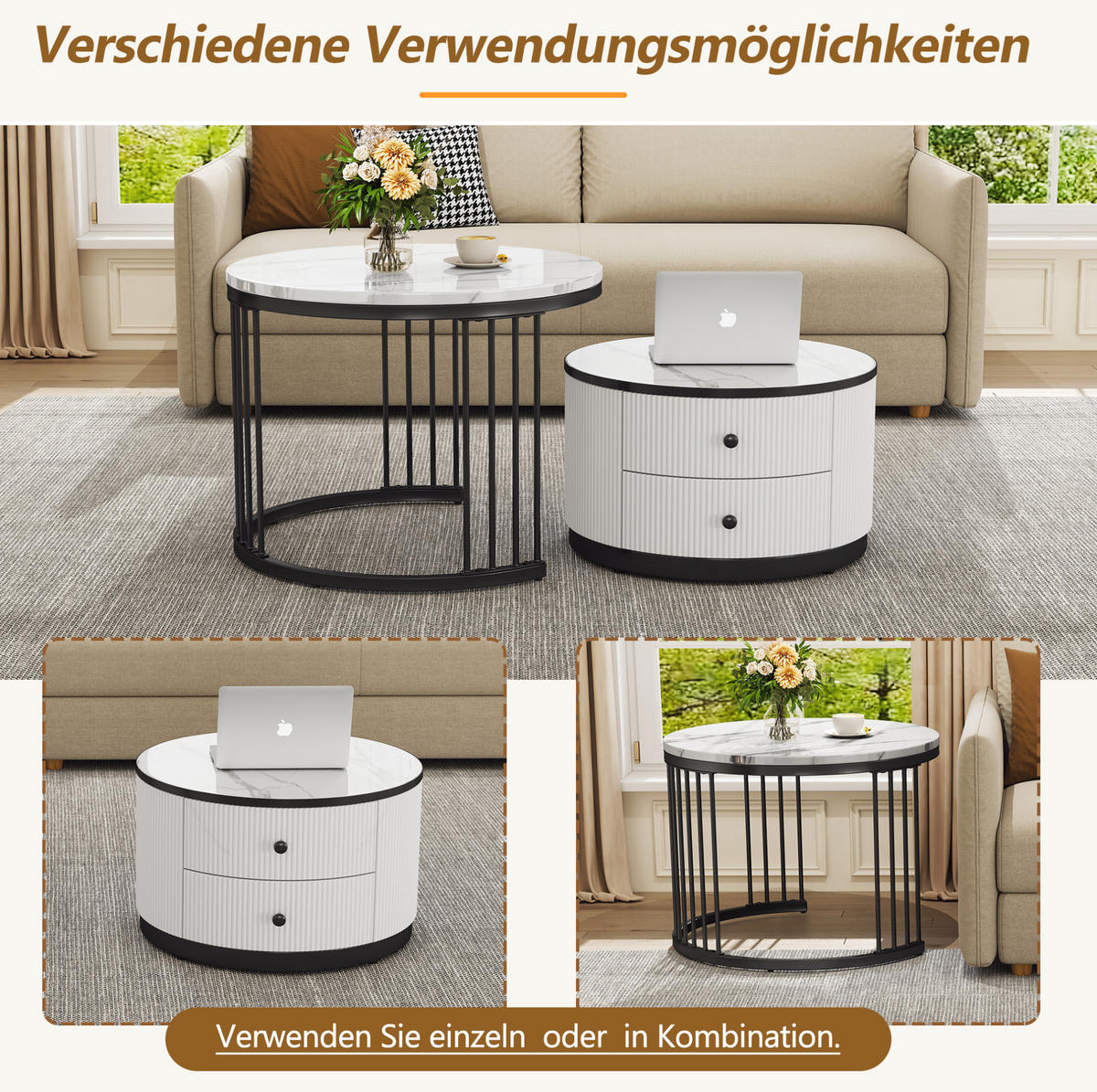 COUCHTISCH-SET 60/60/45,5 & 50/50/32 cm mit 2 Schubladen und Nestfunktion in Marmoroptik, Weiß/Schwarz - Weiß, Holzwerkstoff (60/60/45cm) - Modfu