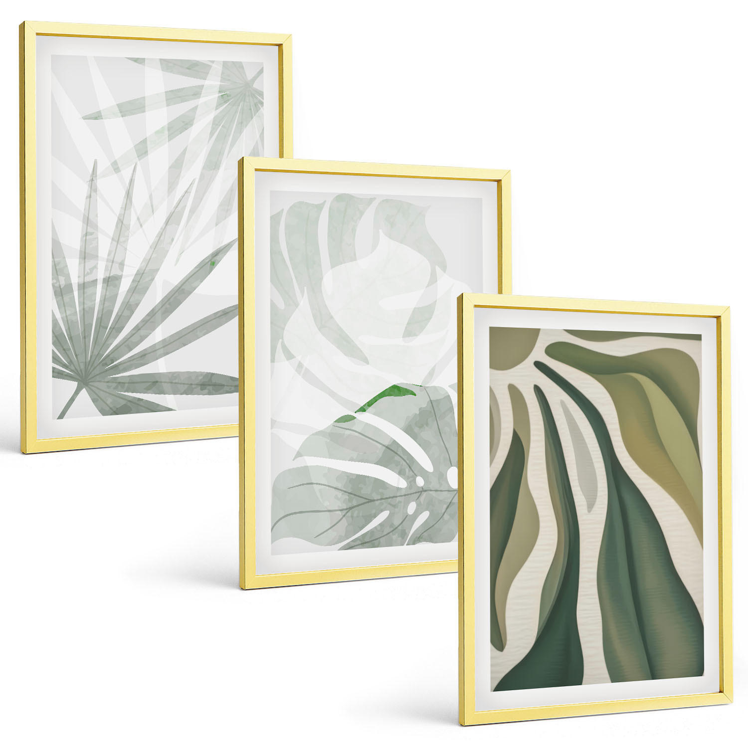 BILDER SET 3er Set - 40x60 cm Goldrahmen - Blätter von Pflanzen in Grün und Grau - Goldfarben, Kunststoff (40/60cm) - TULUP