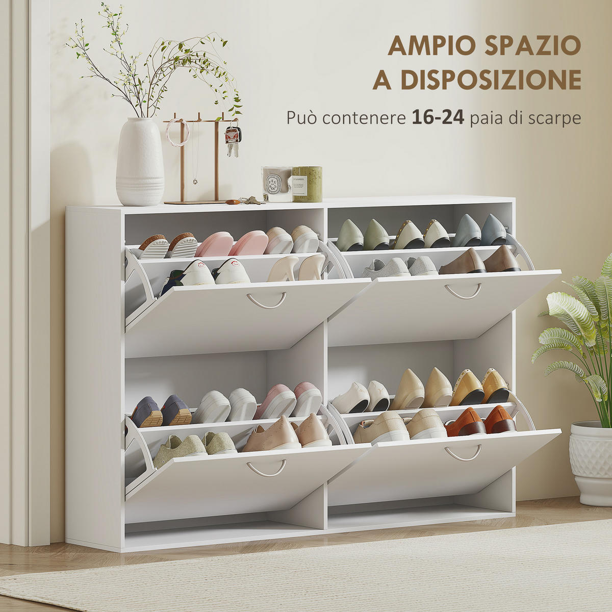 SCHUHREGAL,4 Klappschubladen für 16–24 Paar 120x24x81cm,weiß - Weiß, Holzwerkstoff (120/81/24cm) - Vallsero