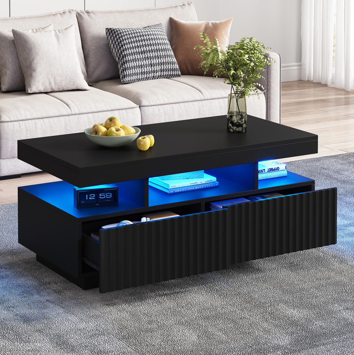 KLUB stolić od iverala, 100/50/45 cm crni, s 2 ladice i LED rasvjetom - crna, drvni materijal (100/50/45cm) - BEAOK