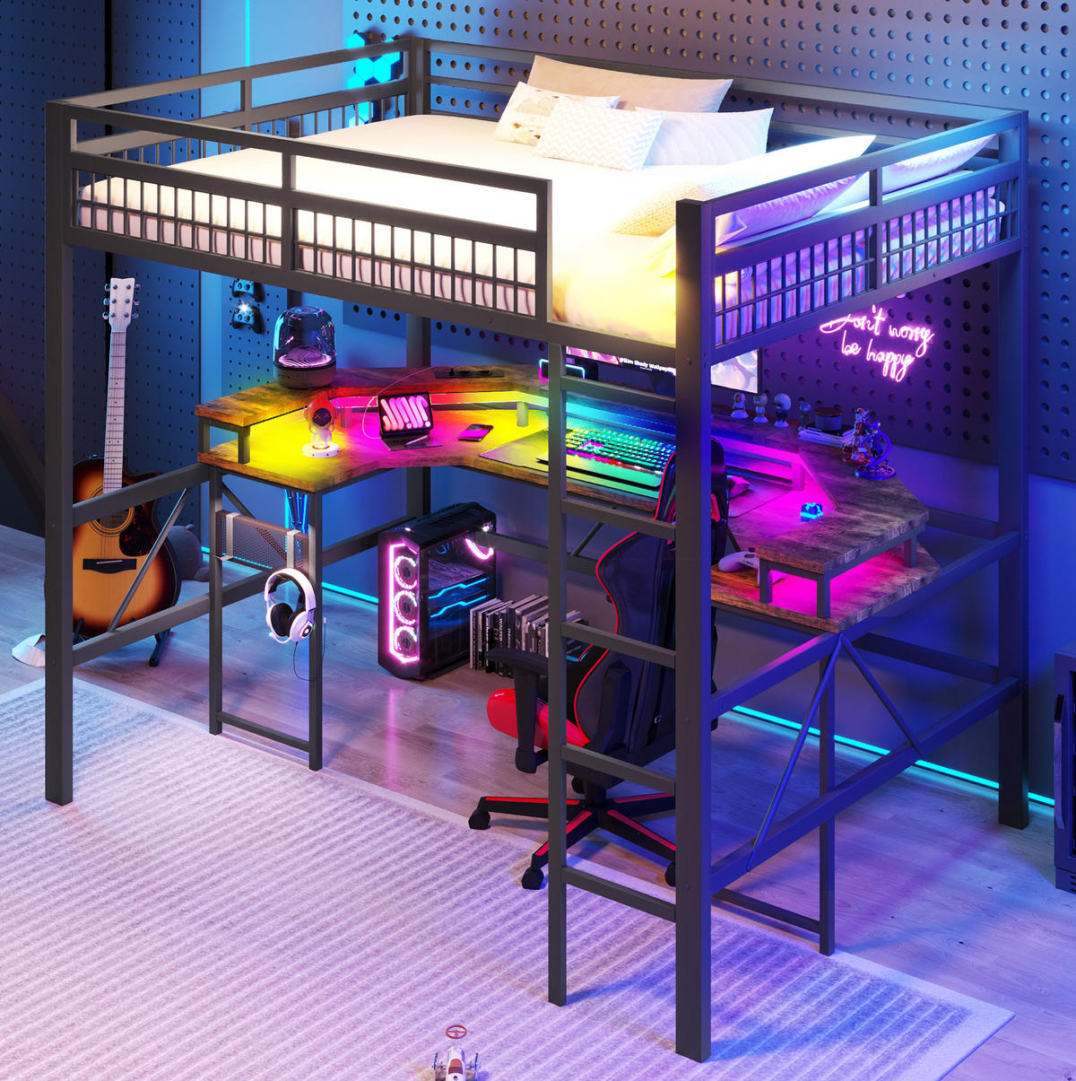 HOCHBETT 140/200 cm mit LED-Lichtleiste, Schreibtisch, USB-C und Lochwand, Schwarz - Schwarz, Metall (140/200cm) - Redom