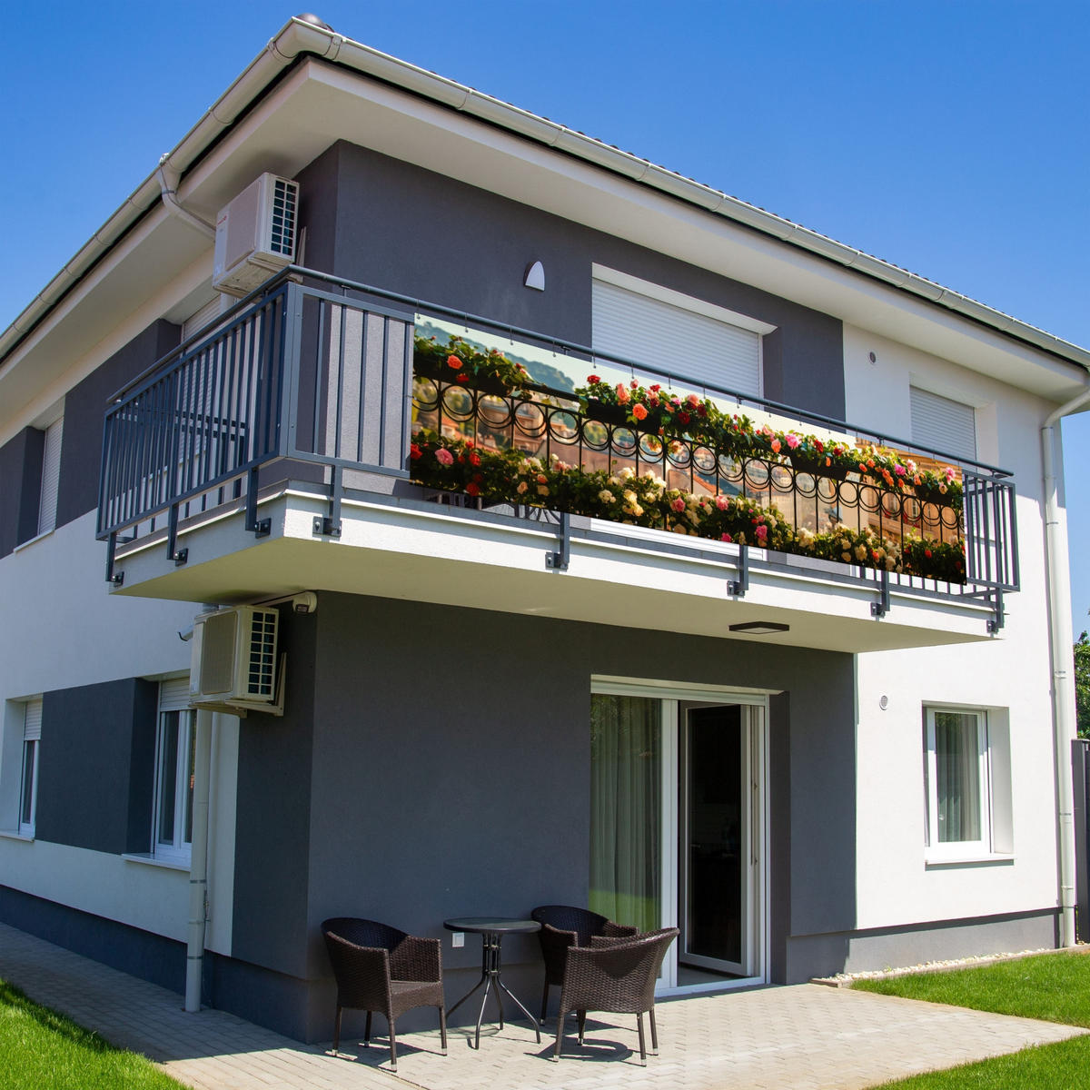 BALKON-SICHTSCHUTZ Blumen - Zaun - Stadtbild - Sommer - Pink, Kunststoff (500/130cm) - MuchoWow