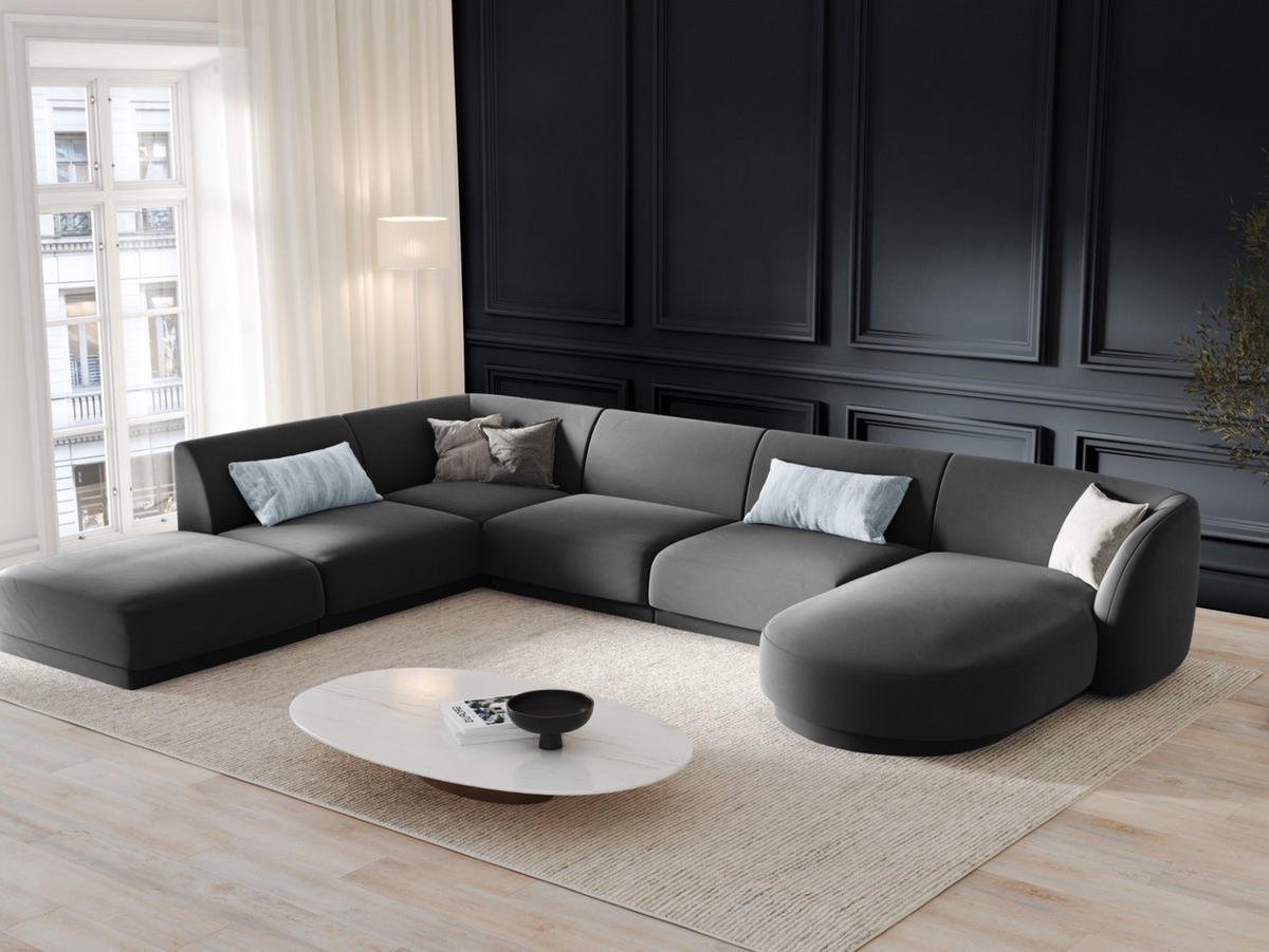 PANORAMASOFA links Miley aus Samt grau 6 Sitzplätze - Grau, Textil (255/70/330cm) - Micadoni