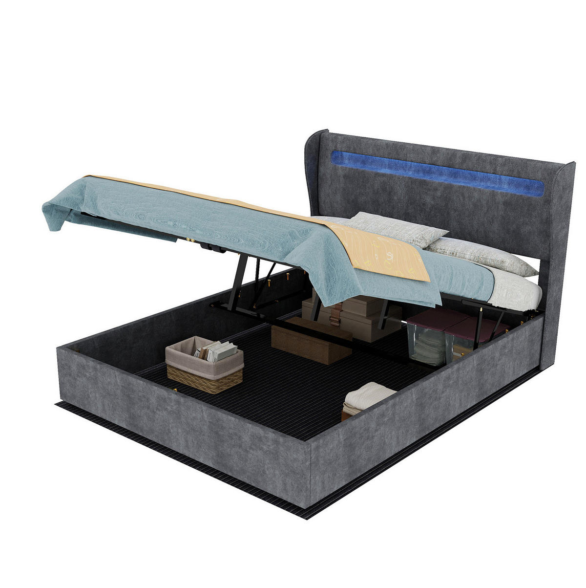 POLSTERBETT 140/200 cm mit LED-Beleuchtung, verstellbarem Kopfteil und Bettkasten, Grau - Grau, Textil (140/200cm) - Redom