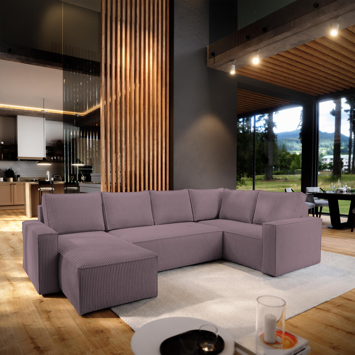 WOHNLANDSCHAFT NORENA R-S Lila Kordstoff mit Schlaffunktion - Lila, Holz (295/85/157.5cm) - MASSENO