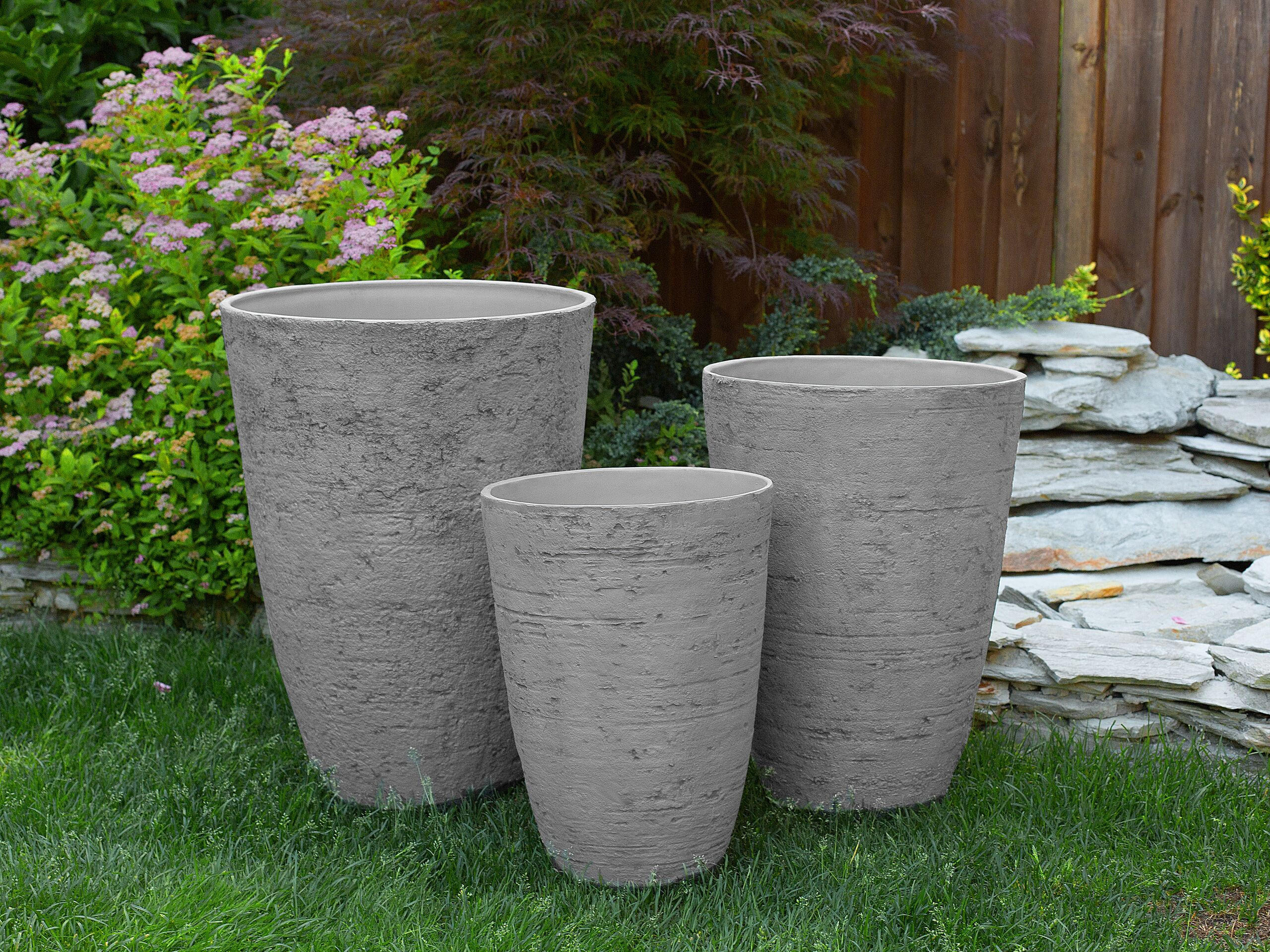 BLUMENTOPF 2er-Set grau rund 51/51/71 cm Camia - Grau, Stein (71cm) - Beliani