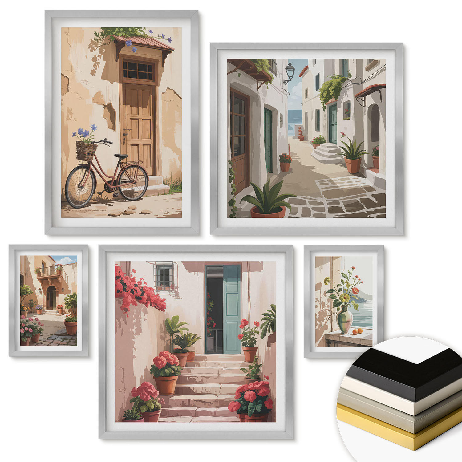 WANDBILDER 5er Set - 50x50 cm & 20x30 cm & 40x60 cm Silberner Rahmen - Charmante Küstenstraßen - Silberfarben, Kunststoff (40/60cm) - ArtPrintCave