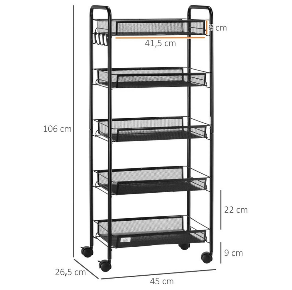 ROLLWAGEN mit 5 Regalen 45 x 26,5 x 106 cm Schwarz - Schwarz, Metall (26.5/106/45cm) - Beauniv
