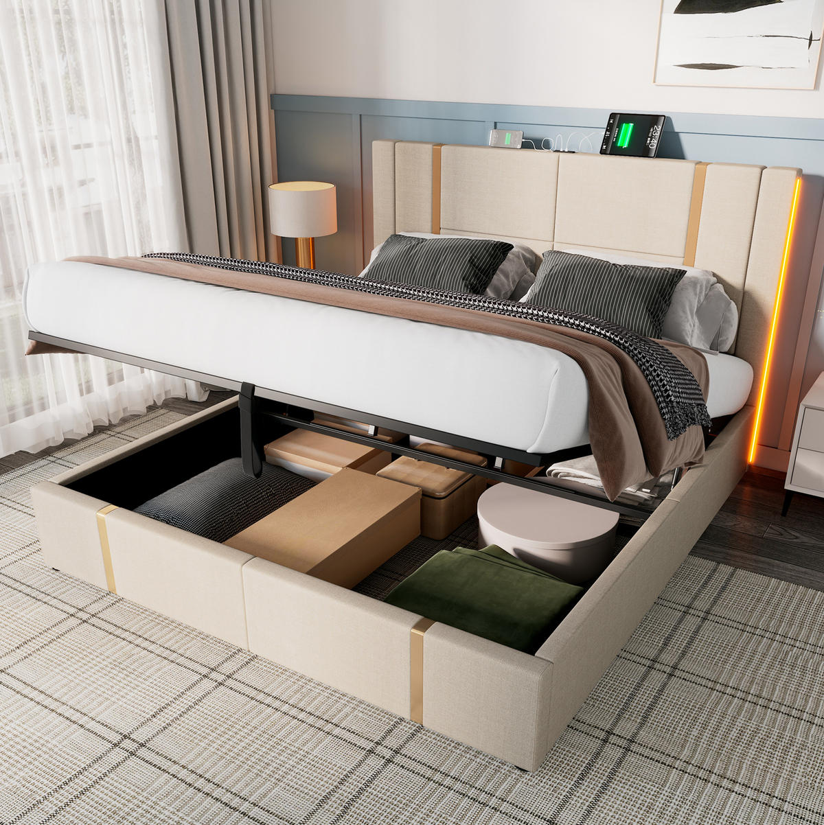 POLSTERBETT 160/200 cm mit Bettkasten, LED-Beleuchtung und USB-C in Beige - Beige, Textil (160/200cm) - BEAOK