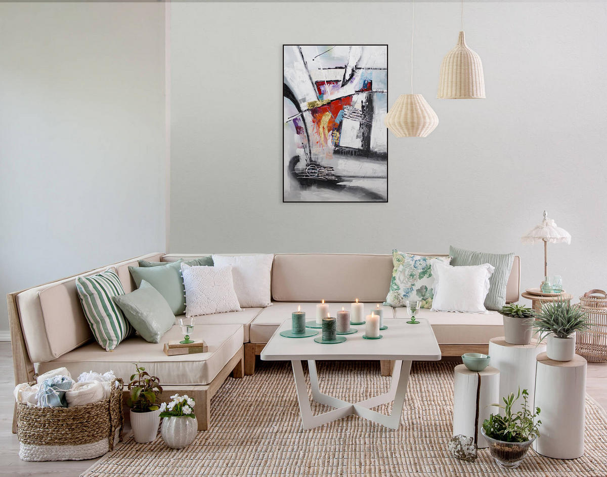 RUČNE MAĽOVANÝ AKRYLOVÝ OBRAZ 80/120 cm, sivý, abstraktný geometrický motív - sivá, drevo/textil (80/120cm) - KUNSTLOFT