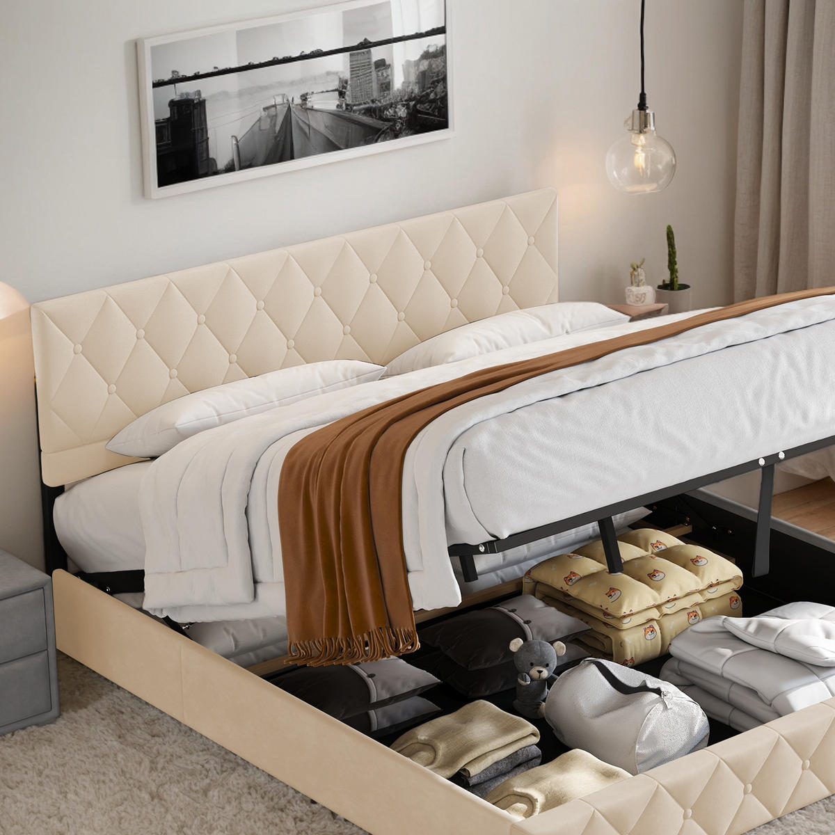 POLSTERBETT 140/200 cm Beige mit hydraulischem Stauraum aus Samt - Beige, Holzwerkstoff (140/200cm) - OKWISH