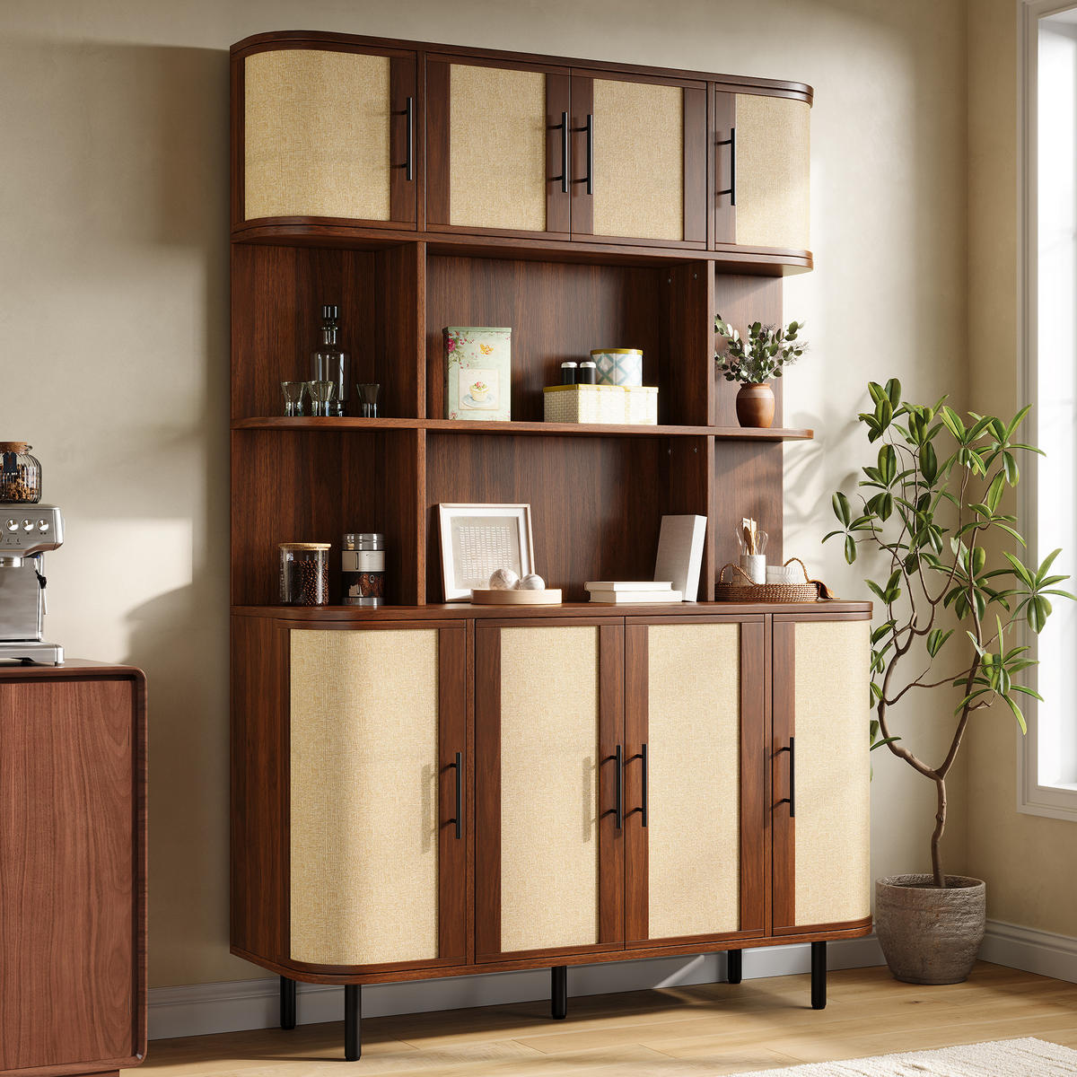 HOCHSCHRANK mit Rattanfront, 8 Türen, modern - Walnussfarben, Holzwerkstoff (120/180/20cm) - FLIEKS