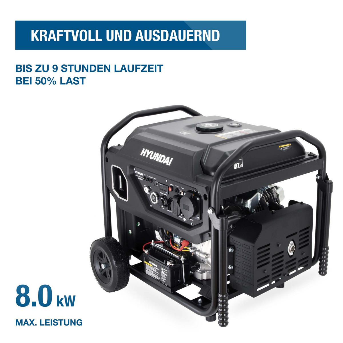 INVERTER-GENERATOR HY8000iE (8.0 kW, E-START, 2 x 230V, ECO-Modus) - Schwarz, Metall (63.5/52.5/56.8cm) - HYUNDAI