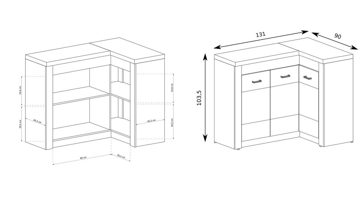 KOMMODE ZERI 131/103,5/42cm mit Schubladen 3 Türen Eiche Bianco - Eiche Bianco, Holzwerkstoff (131/103.5/42cm) - MASSENO