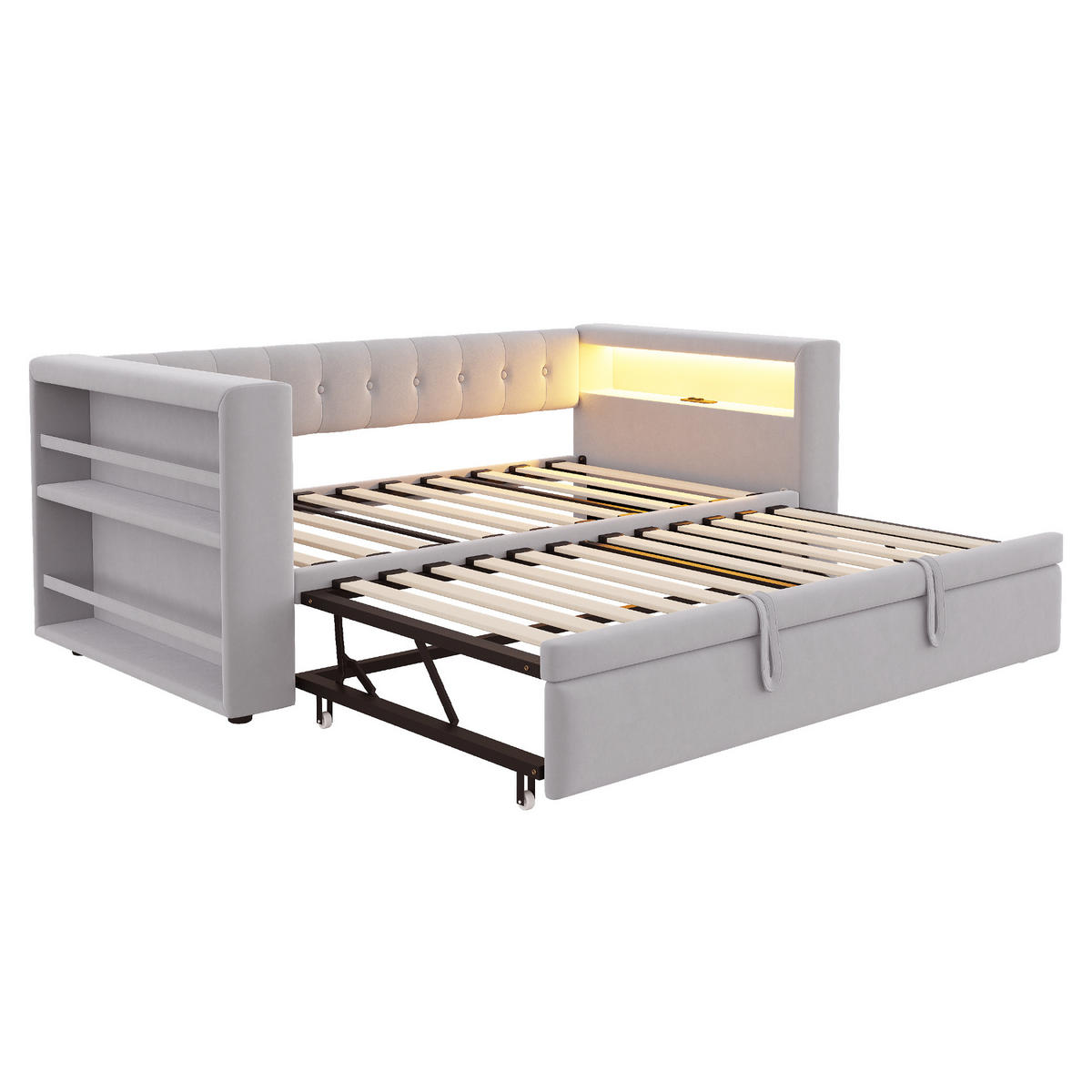 SCHLAFSOFA 90/180 × 190 cm in Hellgrau Stoff mit LED, Steckdose und Stauraum - Hellgrau, Holzwerkstoff/Textil (90/190cm) - WISHDOR