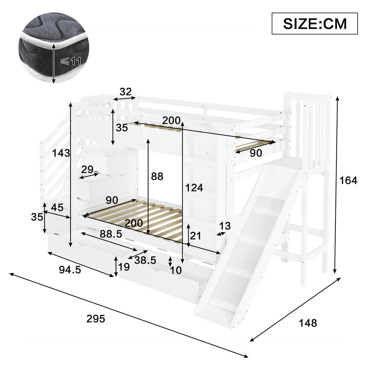 ETAGENBETT aus Kiefer und MDF 90x200 cm Weiß mit Rutsche, Treppenregal, Bilderbuchregal und 2 Schubladen - Weiß, Holzwerkstoff (90/200cm) - Modfu