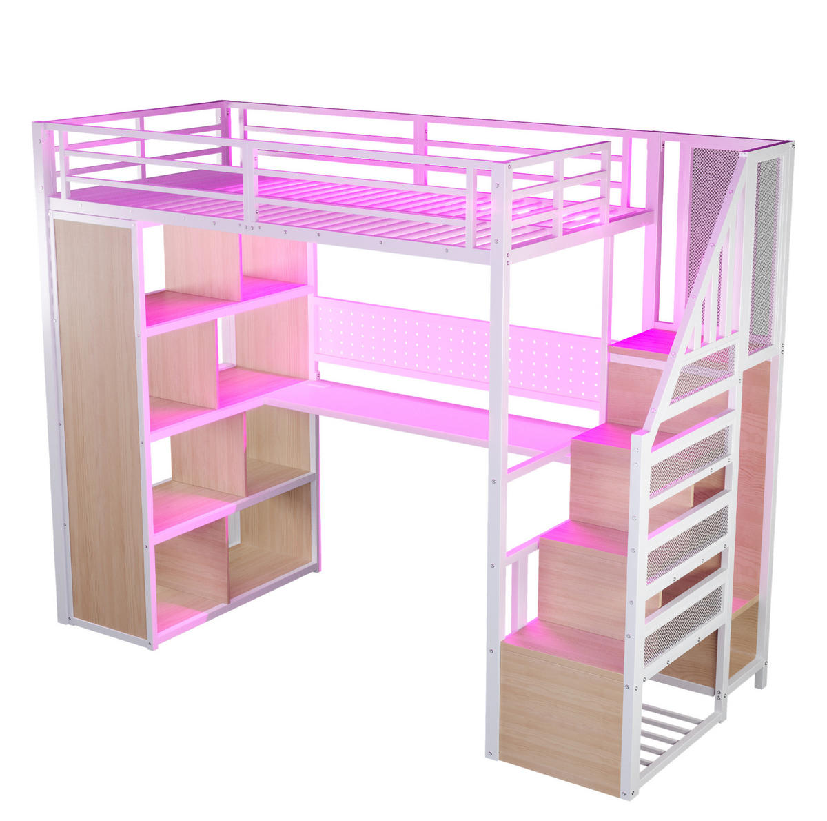 HOCHBETT 90/200 cm aus Metall und werkstoff mit Schreibtisch, Stauraumtreppe, Kleiderschrank und LED, Weiß - Weiß, Metall (90/200cm) - Redom