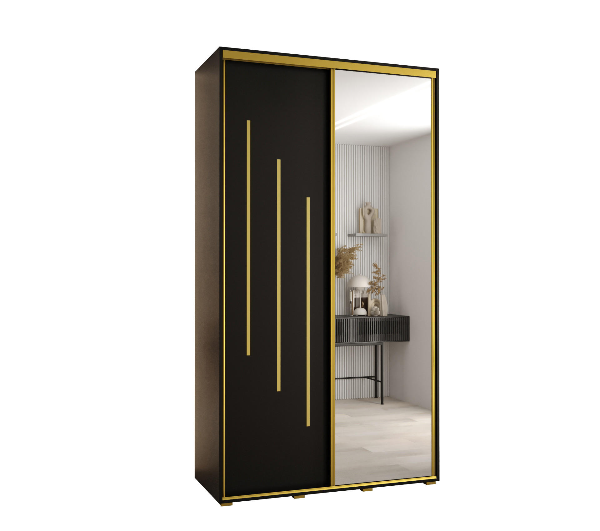 Abiks Möbel Schwebetürenschrank Schwarz, Schwarz, Gold 130x235x60 cm