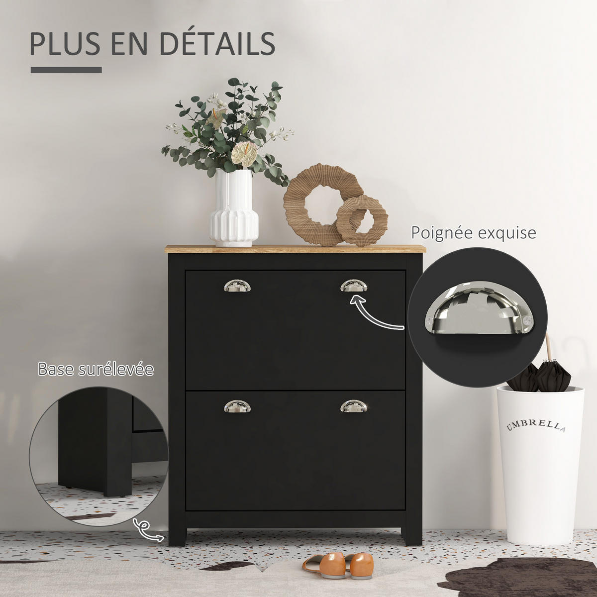 SCHUHSCHRANK Schwarz Eiche MDF Metall klappbar mit 2 Fächern 1 Stück - Schwarz, Holzwerkstoff (79/90.5/23cm) - PANGIVO