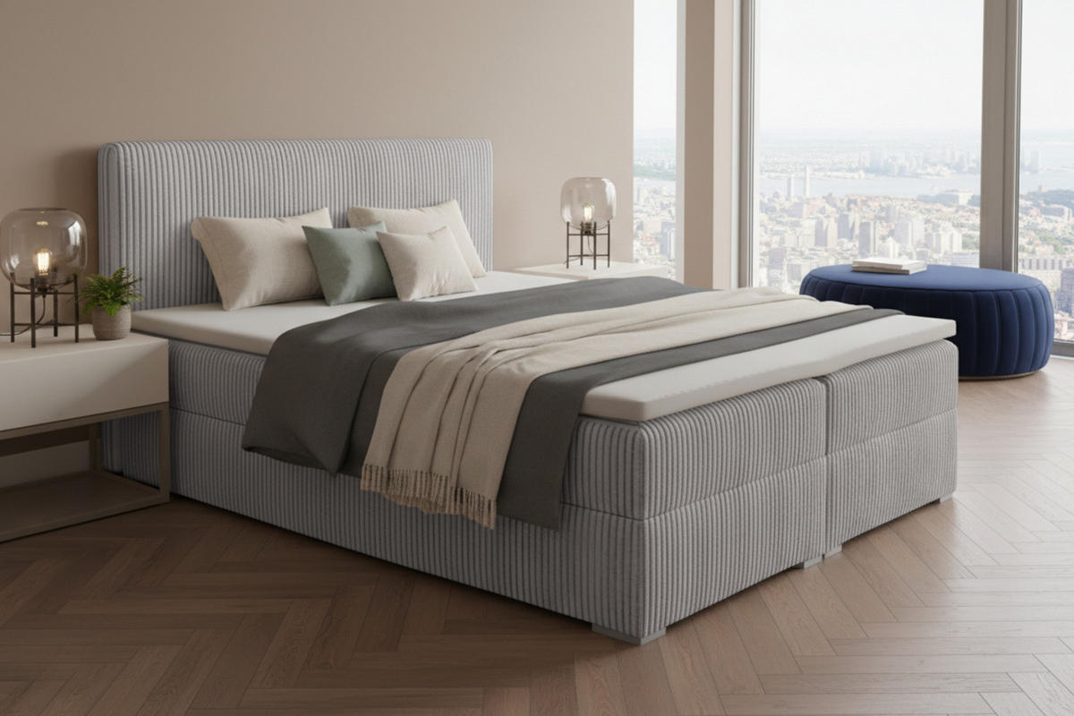 BOXBETT LON IV 160/200 in Cord Hellgrau H3 - Hellgrau, Holz/Holzwerkstoff (160/200cm) - Deine Möbel 24