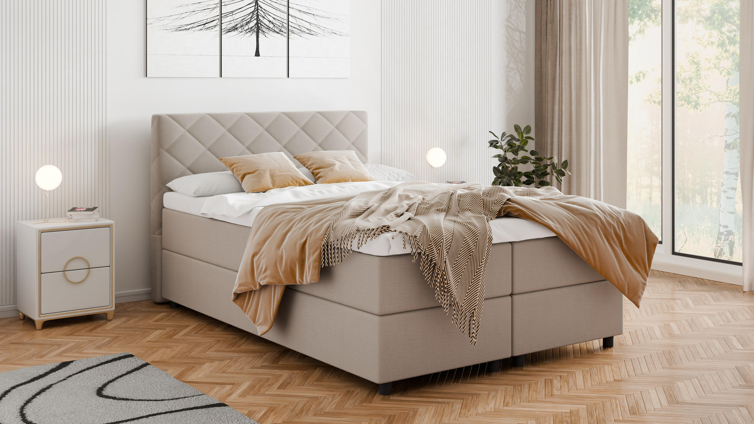 BOXBETT Diamaro 140x200 cm mit Bettkasten und Topper - Cappucino - Beige, Holz (140/200cm) - Panda Möbel