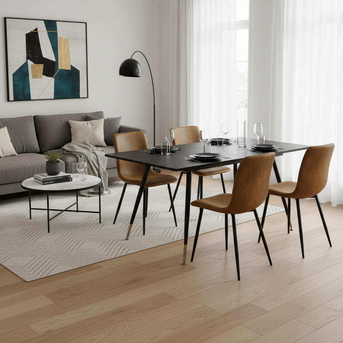 ESSTISCH SET mit ausziehbarem Tisch und 4 bequemen Stühlen - Schwarz/Braun, Holzwerkstoff/Metall (80/75/160cm) - Urban Meuble