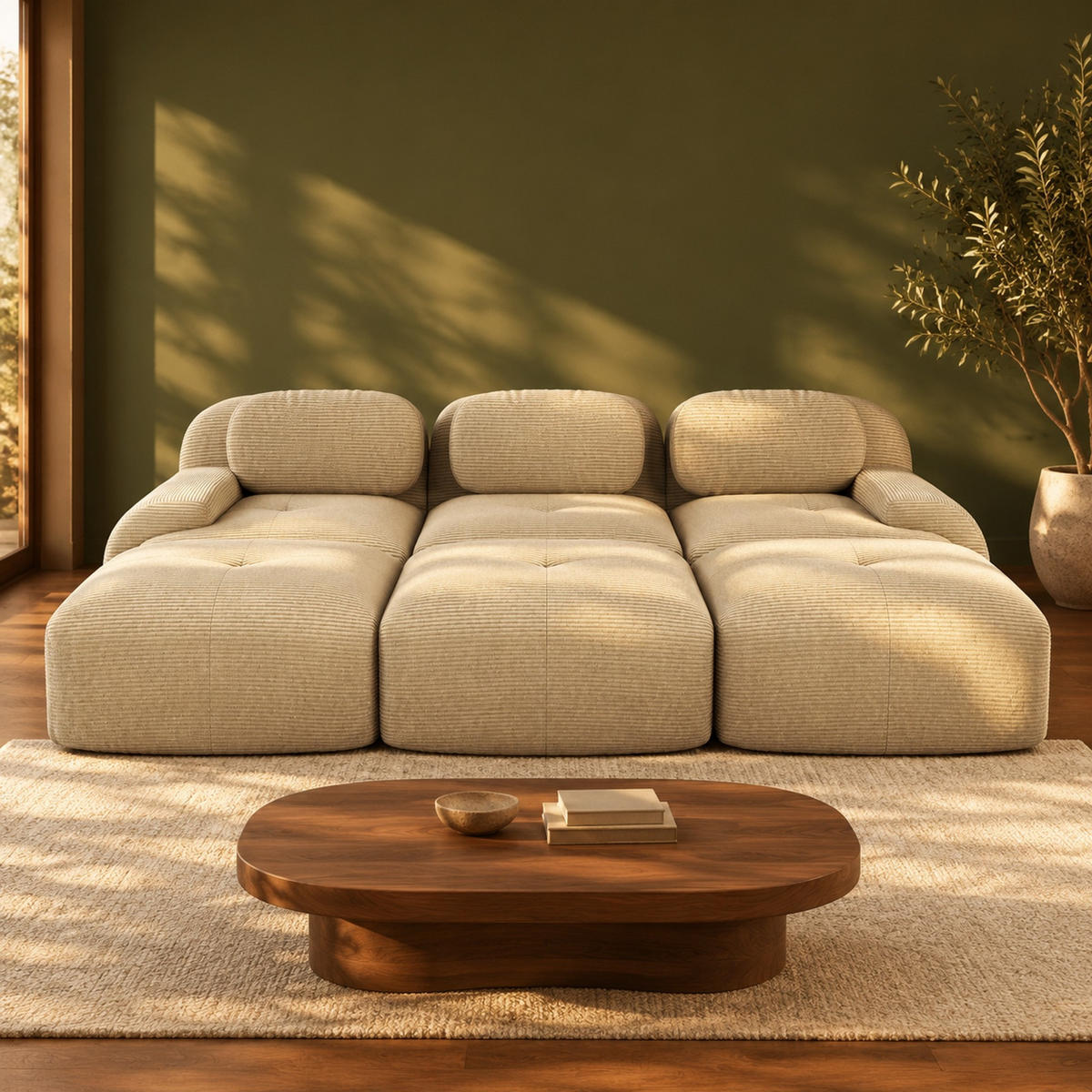 MODULARES Ecksofa aus Cordstoff in Beige 298x178x70 cm mit 32D-Schaumstoff und rutschfester Unterseite - Beige, Textil (178/298cm) - IVMEU