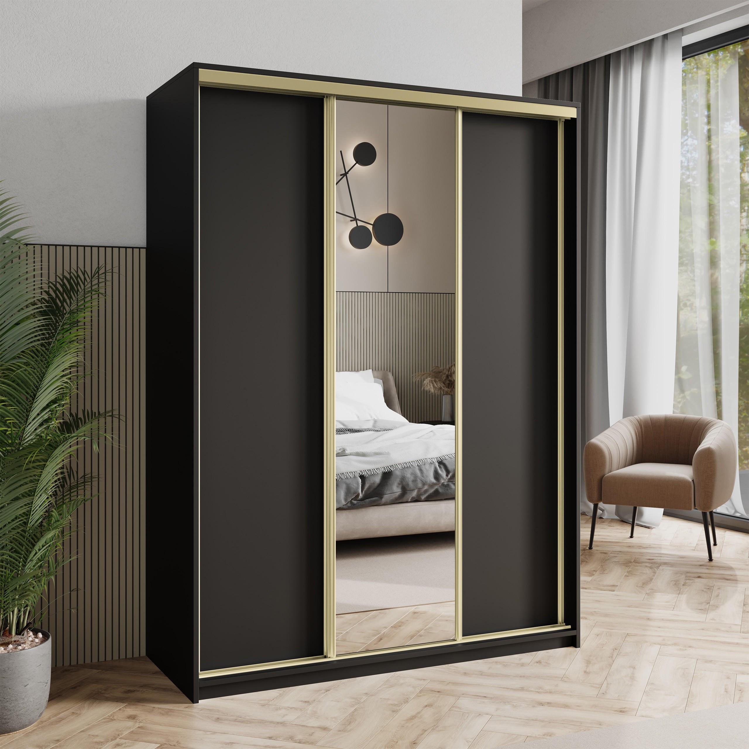 SCHWEBETÜRENSCHRANK TAVI 150/205/60 cm 3-türig mit Spiegel Schwarz - Schwarz, Holzwerkstoff (150/205/60cm) - MASSENO