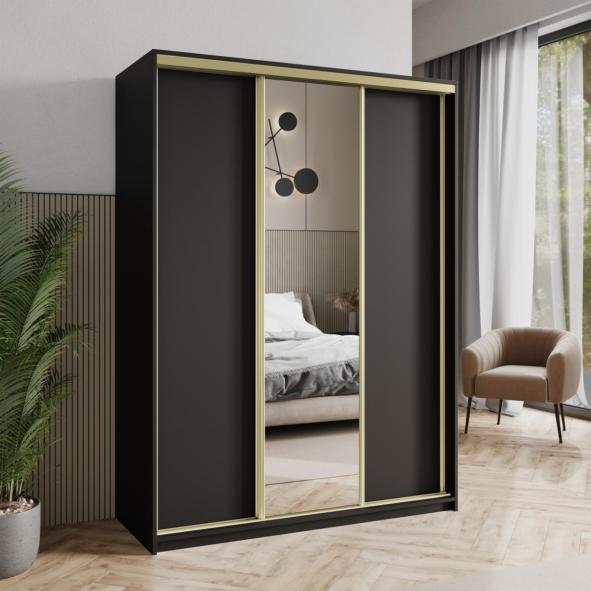 SCHWEBETÜRENSCHRANK TAVI 150/205/60 cm 3-türig mit Spiegel Schwarz - Schwarz, Holzwerkstoff (150/205/60cm) - MASSENO