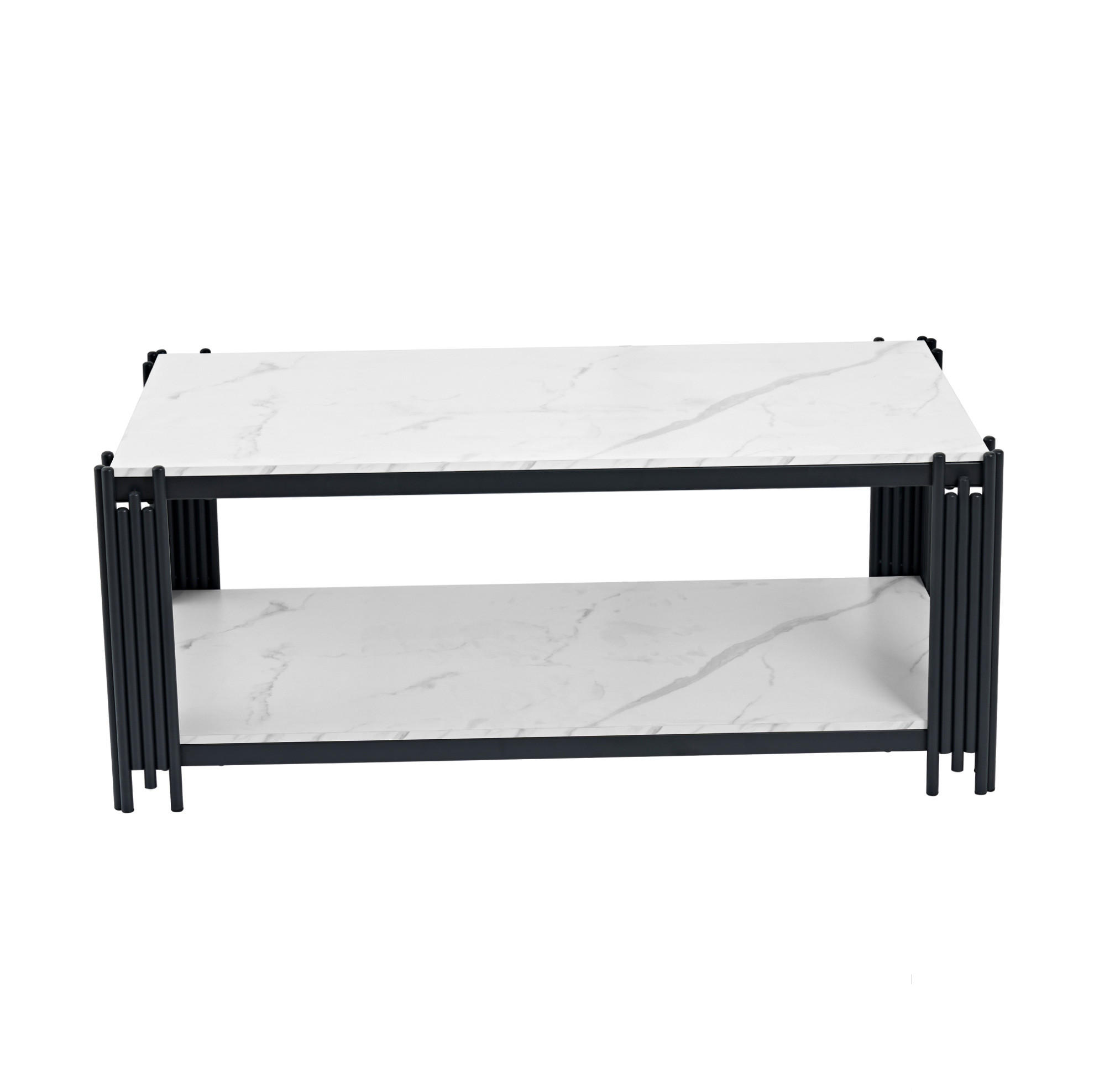 COUCHTISCH 114/64/46 cm in Weiß-Schwarz mit 2 Ablagen und Marmoroptik - Schwarz, Holzwerkstoff (114/64/46cm) - Flora Grace