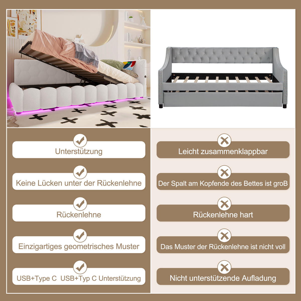 TAGEBETT 90x200cm Weiß Vliesimitat LED-Licht Hydraulik USB-C - Weiß, Holz (90/200cm) - FLIEKS