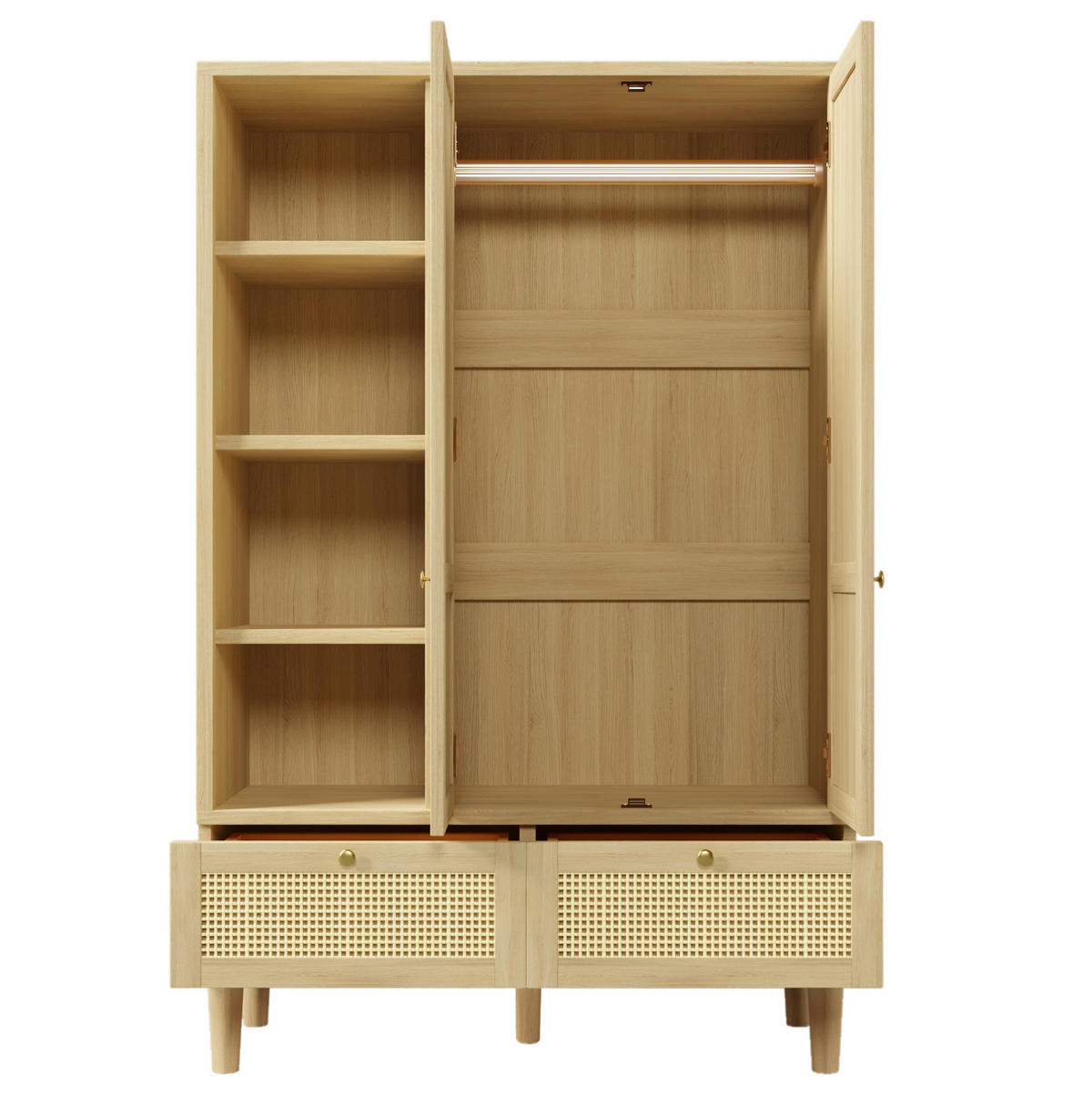 KLEIDERSCHRANK aus Holz mit Rattanoptik & 2 Schubladen, 120/50/180 cm, Eiche - Eichefarben, Holz (120/180/50cm) - Redom