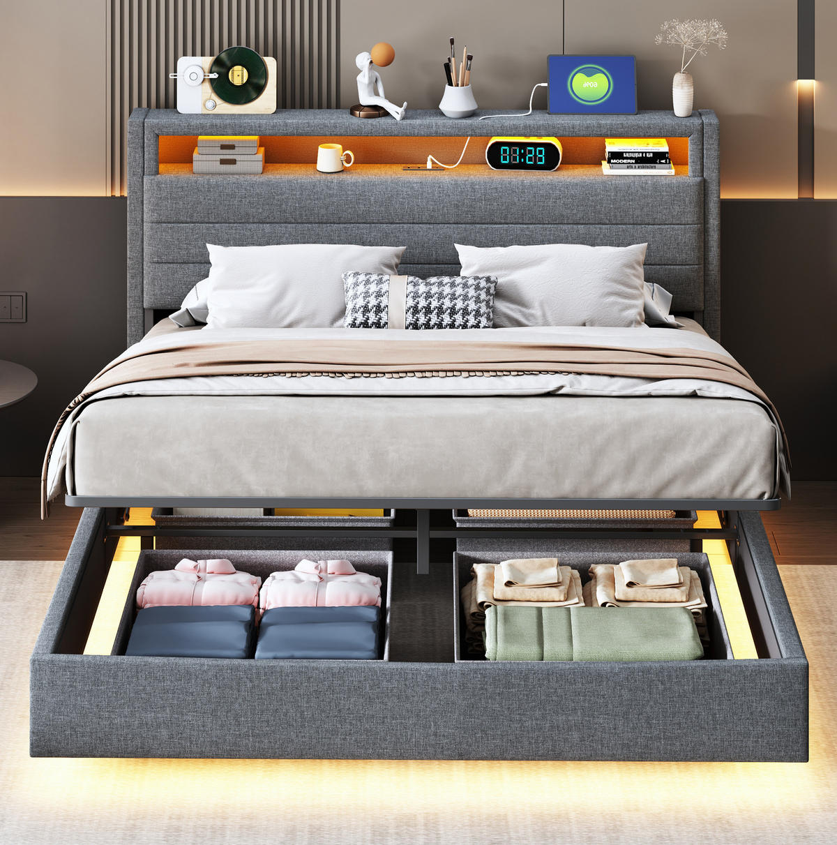 POLSTERBETT 140/200 cm grau aus Stoff mit Stauraum und LED - Grau, Textil (140/200cm) - OKMYHOME