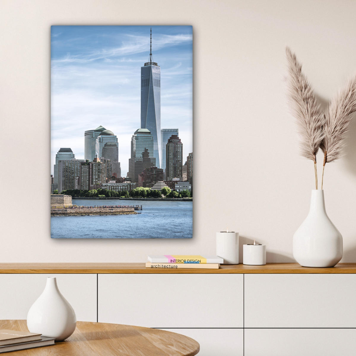 LEINWANDBILD New York - Freiheitsstatue - Wasser Wanddeko Schlafzimmer 60x90 cm - Hellblau, Textil (60/90cm) - MuchoWow