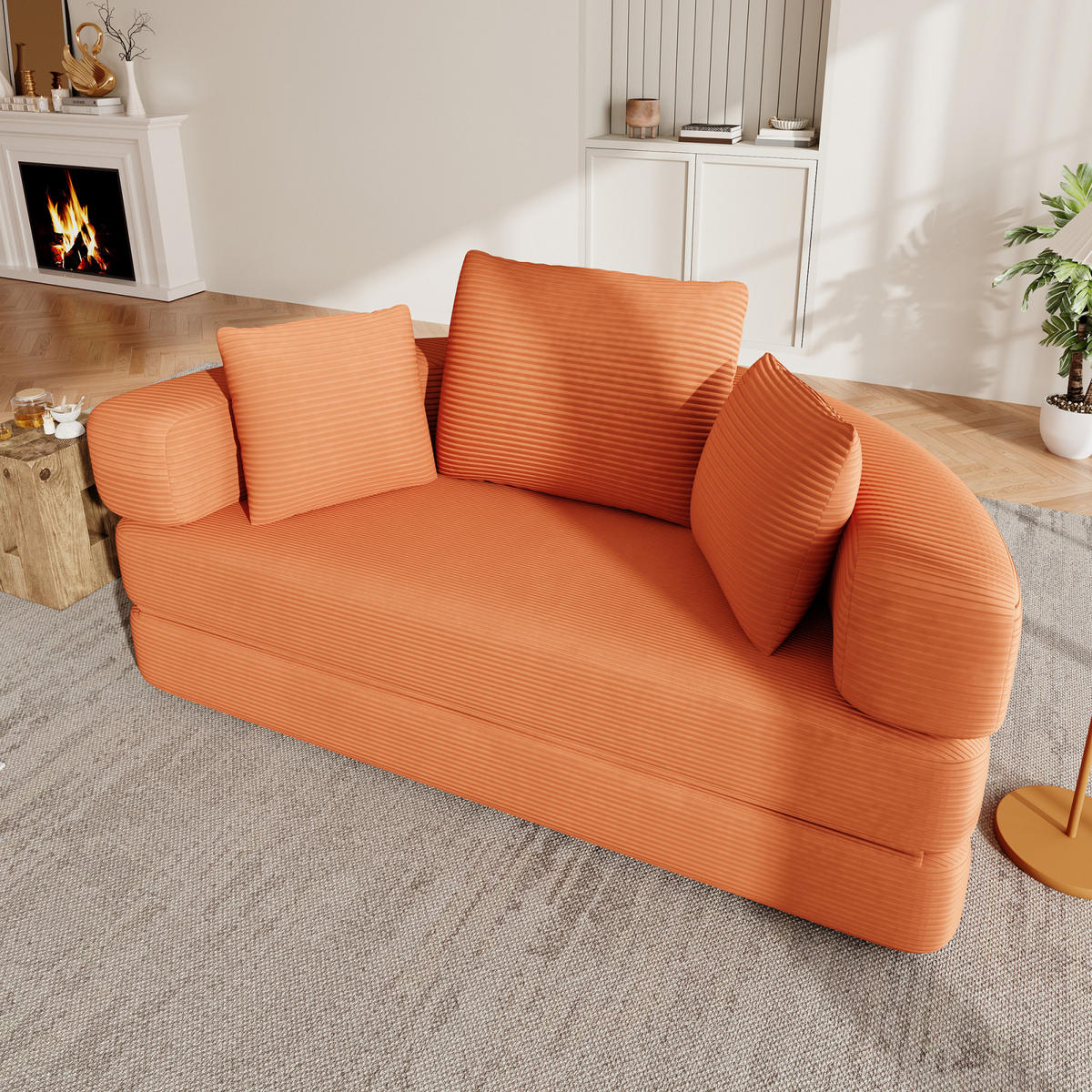SOFA Orange 173x176 cm Cordstoff Klappsofa,Schlafsofa mit 3 Kissen Gästebett - Orange, Textil (173/60/176cm) - PARAFTA HOME