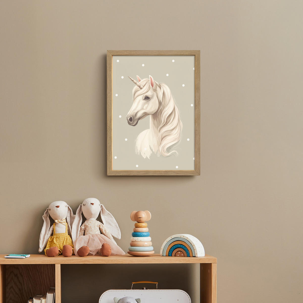 NÁSTĚNNÁ LAMPA S AKUMULÁTOREM Jednorožec - bílý - tečky 30x40 cm - šedohnědá, kompozitní dřevo (30/40/8cm) - OnlyWow