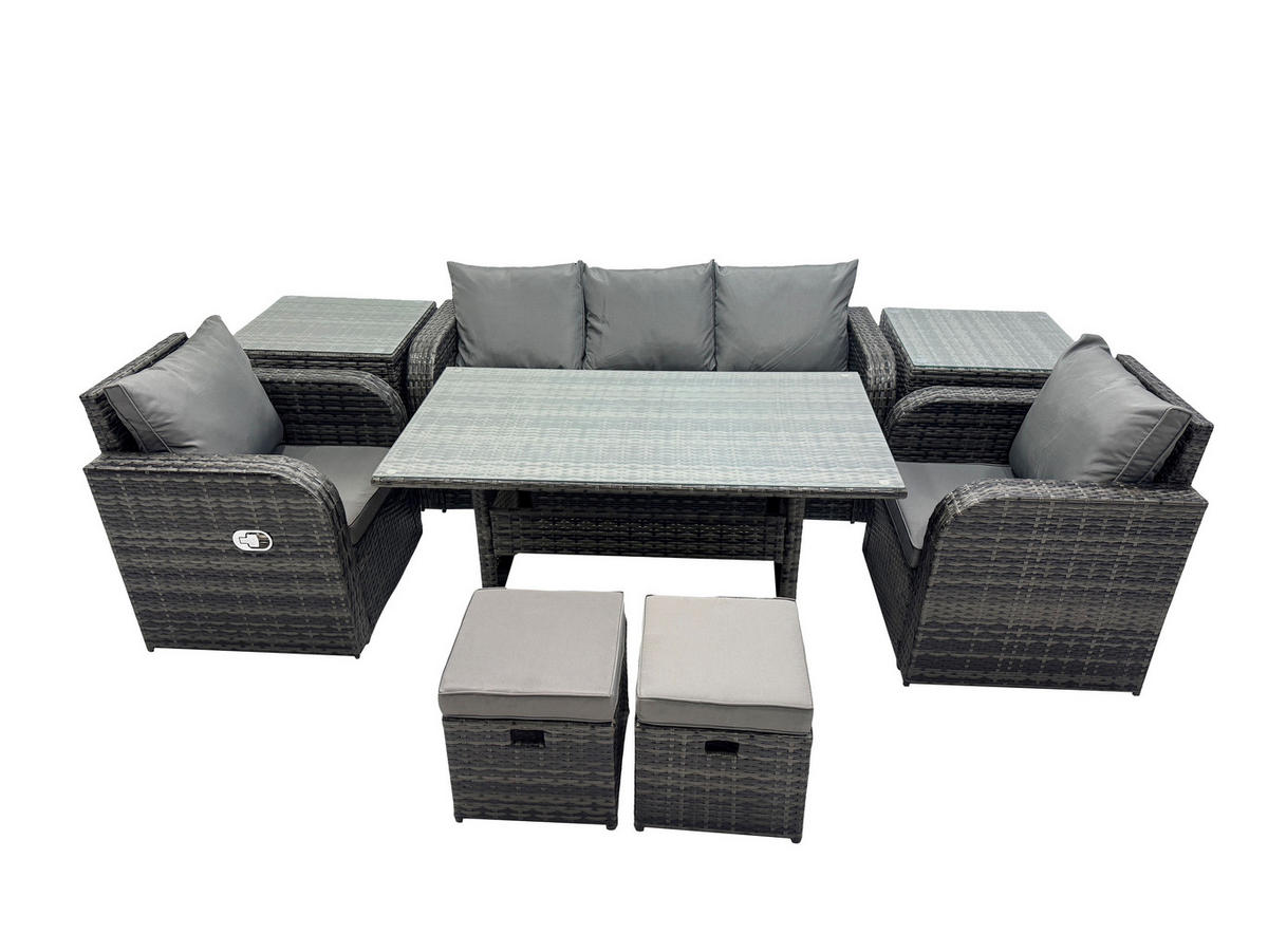 GARTENSET mit 3-Sitzer-Sofa,Hocker,Esstisch Polyrattan 7-Sitzer - Dunkelgrau/Grau, Glas/Kunststoff - Fimous