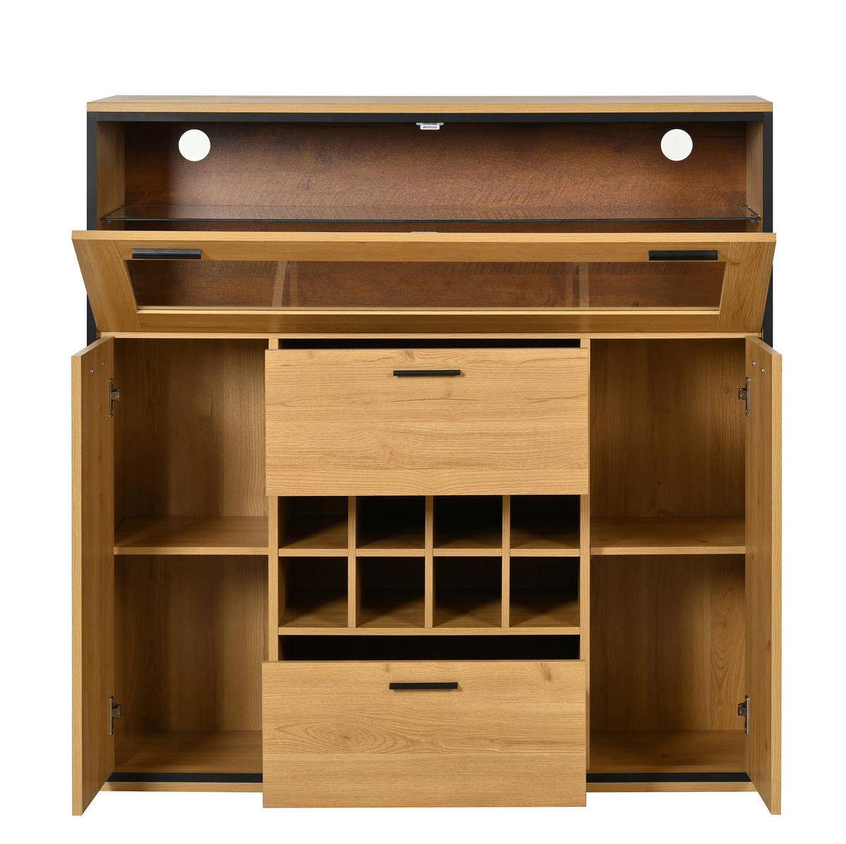 BUFFET 110/38/111 cm aus Spanplatte mit LED-Beleuchtung Naturfarben/Schwarz - Naturfarben, Holzwerkstoff (110/111/38cm) - Modenvie